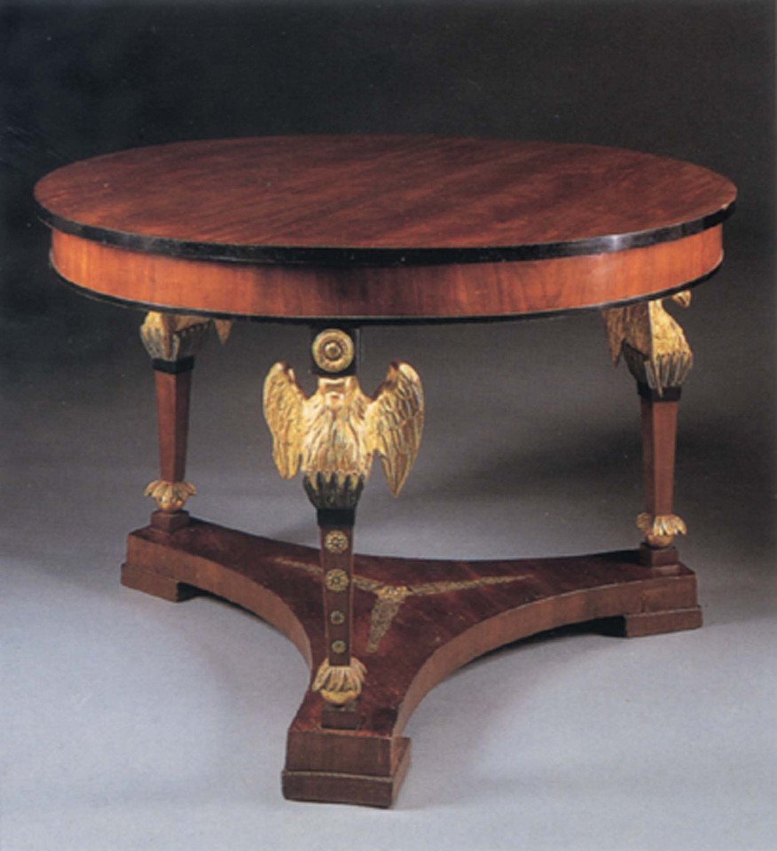 19th Century AUSTRIAN, Neoclassical Mahogany and Parcel Gilt Center Table, 1800-1825
Mixed woods, 29 x 43 x 43 in. (73.7 x 109.2 x 109.2 cm)
Circular top with an ebonized border above the plain frieze, raised on winged eagle terminal supports joined by a tripartite stretcher with later ormolu decoration, all on block feet.
AUS-001-FU
Appraisal Value: $0.00
User2: $0.00
User3: $0.00